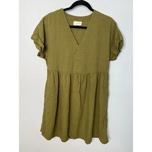 Universal Thread Mini Dress Olive Green Linen V-Neck Pullover Short Sleeve Sz M